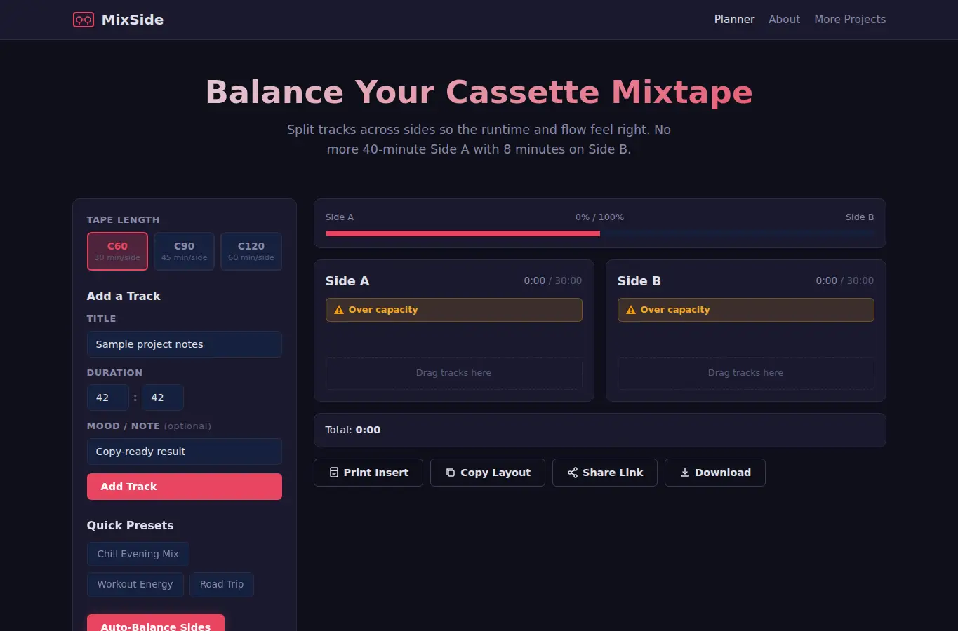 Screenshot of MixSide: Cassette Side Balancer interface showing the project page in use